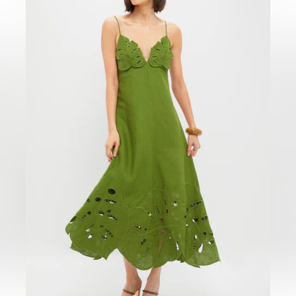 NWT FARM Rio Green Monstera Embroidery Midi